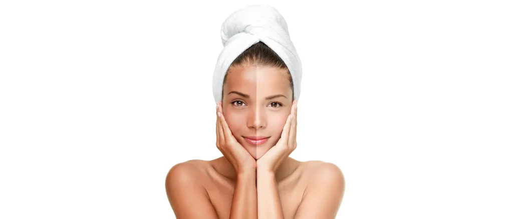 Detaning - Woman's picture comparing tanned skin and lighter, glowing skin.