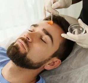 Man getting a face peel at a cosmetic skin care clinic.

