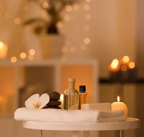 Soothing oils, fragrances, and therapeutic ingredients are used for spa services.
