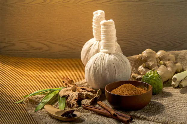 The herbal ingredients of ayurvedic massage therapy.
