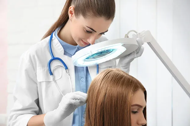Woman getting her hair examined at a skin and hair clinic.

